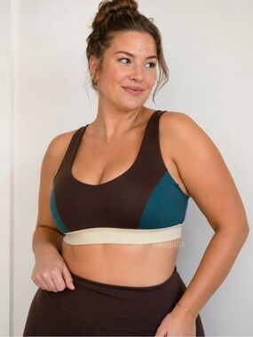 Interval Colorblock Sports Bra 1X Brown Teal Crisscross Back NWT $68